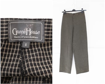 Womens fine gingham pants size S / W26 L27, Vintage check high waist straight leg regular fit trousers in black and yellow houndstooth