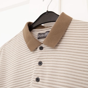 Vintage Galvin Green polo shirt men size M/L, Striped button up collar T shirt in khaki Short sleeve fine stripped khaki tee, casual men top