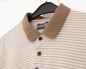 Vintage Galvin Green polo shirt men size M/L, Striped button up collar T shirt in khaki Short sleeve fine stripped khaki tee, casual men top