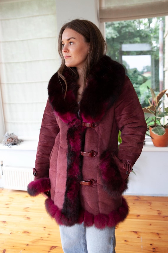 Damen Mantel Roter Mantel Mit Fellkragen 90er Jahre Vintage Roter