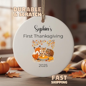 Baby First Thanksgiving Ceramic Ornament: Personalized Custom Name Thankful Keepsake