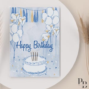 Tarjeta de felicitación para el primer cumpleaños de un niño / "Para el pequeñín más genial que cumple un año hoy, ¡feliz cumpleaños!" / Descarga digital imprimible / Globos azules