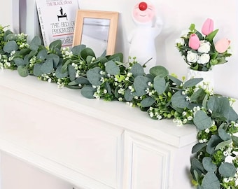Faux Seeded Eucalyptus  Garland 6.5ft 2pcs, Artificial Greenery Hanging Vine for Spring Summer Fall Winter Wedding Mantel Doorway Home Decor
