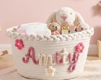 Cesta de vime personalizada para chá de bebê, cesta de corda trançada com nome personalizado, organizador para quarto de recém-nascido, organizador de brinquedos para bebê (menina ou menino).
