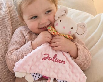 Personalized Baby Lovey Security Blanket, Embroidered security blannket, Minky Dot Sensory Security Blanket,New baby gift,Animal Comfort Toy