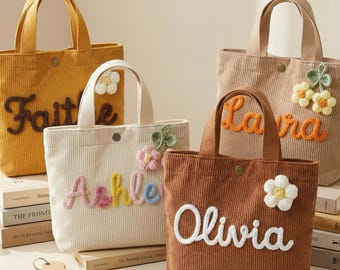 名前入りトートバッグ、カスタム子供用ギフト、コーデュロイトートバッグ、女の子の誕生日プレゼント、子供用名前入りハンドバッグ、母の日ギフト