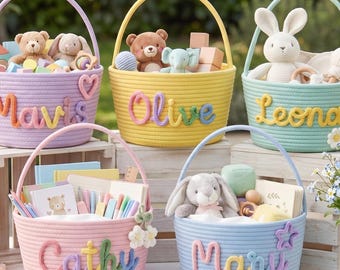 Cesta de Pascua personalizada con cuerda para niños, cesta de búsqueda de huevos con nombre personalizado, organizador de juguetes hecho a mano para niños pequeños, cesta de regalo para la primera Pascua del bebé.