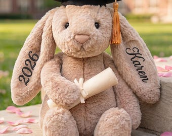 Personalisierte Abschlussfeier Häschen Plüsch, Abschlussgeschenk für sie, Graduierung Geschenk für sie, College-Grad-Geschenk, Hase mit Mützen-Diplom, Abschluss-Stofftier