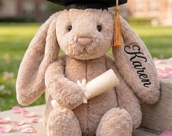 Personalisierte Abschlussfeier Häschen Plüsch, Abschlussgeschenk für ihn, College-Grad Geschenk, Hase mit Kappe Diplom, Abschluss Kuscheltier