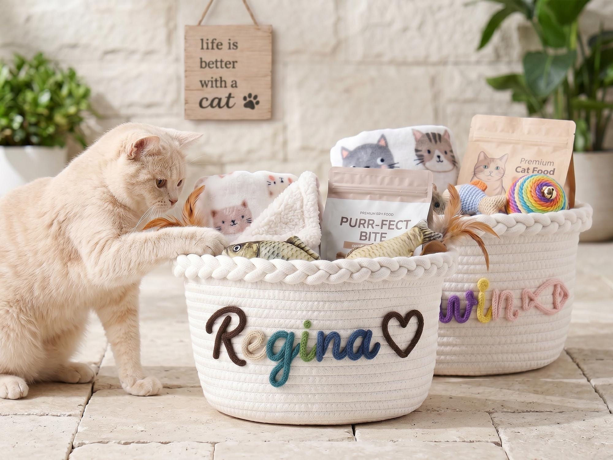 Personalized Cat Toy Basket With Name, Custom Cotton Rope Cat Storage Bin, Kitten Toy Box, Cat Name Gift, New Kitten Gift
