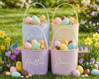 Embroidered name Seersucker Easter bunny basket, personalized kids egg hunt bucket, soft lined candy basket, first Easter gift