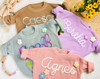 Custom Embroidered Baby Name Sweater,Personalized Hand Embroidered Name Baby Sweaters,Pink Baby Girls Sweater,Baby shower gift,Birthday Gift