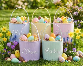 Personalized Seersucker Easter basket, embroidered bunny ears, custom name kids egg hunt bucket, soft lined tote, Easter gift for toddler