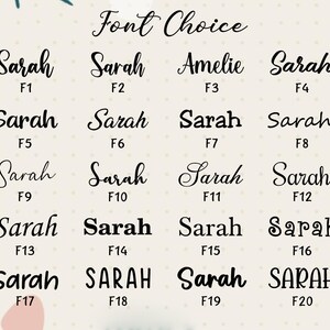 May include: A graphic displaying font choices for the name "Sarah" and "Amelie". The text "Font Choice" is at the top. The name "Sarah" is shown in various fonts, labeled F1 through F20. The name "Amelie" is also shown in one font, labeled F3.