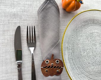 Halloween Leather Napkin Ring, Pumpkin Design, Fall Table Decor
