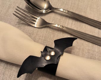 Leather Bat Napkin Ring, Handmade Black Holder, Gothic Halloween Table Decor