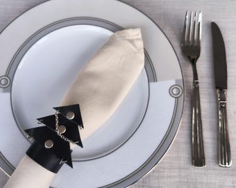 Genuine Black Leather Napkin Ring, Christmas Tree Decor
