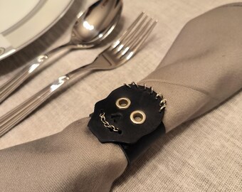 Leather Skull Napkin Ring, Handmade Gothic Decor, Unique Halloween Gift