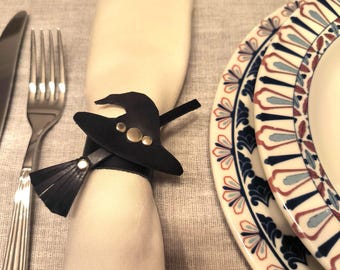 Witch Hat Leather Napkin Ring, Handmade Halloween Table Décor