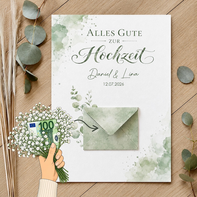May include: A white wedding card featuring green watercolor accents, eucalyptus leaves, and the text Alles Gute zur Hochzeit, Daniel & Lina, 12.07.2026. A small green envelope is attached to the center, and a hand holds a bouquet of baby's breath.