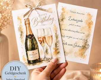 DIY Geldgeschenkkarte zum Geburtstag, PDF zum Ausdrucken, elegante Champagner Geburtstagskarte, Sofort Download A4, Bastelanleitung