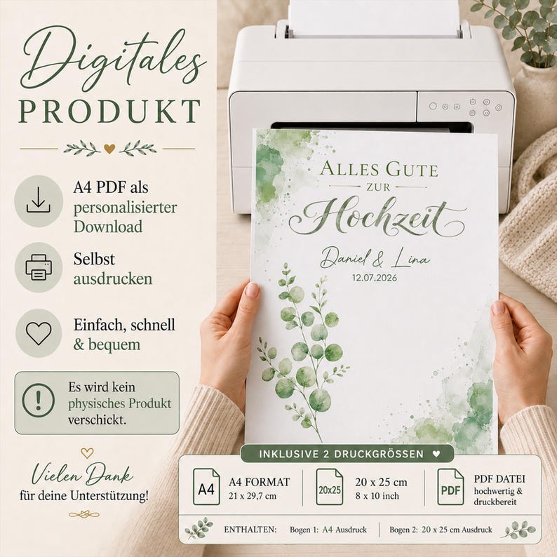 Personalisiertes Geldgeschenk zur Hochzeit zum Ausdrucken | Geschenk Eukalyptus Design | Download PDF image 3