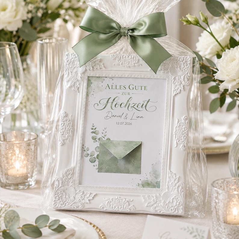 May include: A white ornate picture frame containing a wedding sign with the text Alles Gute zur Hochzeit, Daniel & Lina, and 12.07.2026. The sign features green watercolor eucalyptus leaves and a small green envelope, wrapped in clear plastic with a sage green bow.