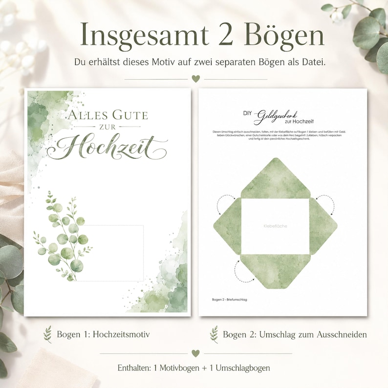 May include: Two digital sheets featuring a wedding theme. The first sheet displays the text Alles Gute zur Hochzeit with green watercolor eucalyptus leaves. The second sheet shows a DIY envelope template with green watercolor textures for cutting.