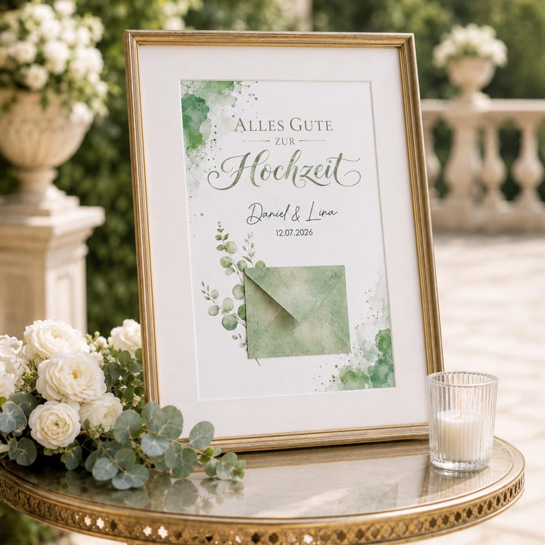 May include: A gold-framed sign featuring green watercolor accents, eucalyptus leaves, and an attached green envelope. The text reads ALLES GUTE ZUR Hochzeit, Daniel & Lina, and 12.07.2026. The sign is displayed on a table with white flowers and a candle.