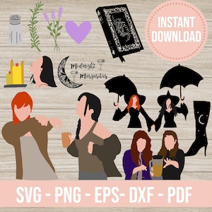 Könnte beinhalten: Eine Sammlung digitaler Illustrationen mit Hexen- und mystischen Elementen. Enthält Silhouetten von Figuren, einen Mond mit Cocktails, ein Buch, einen Stiefel und andere dekorative Elemente. Der Text "Midnight Margaritas" ist ebenfalls vorhanden.