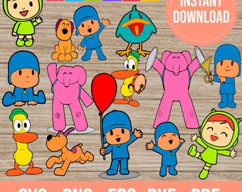 May include: A collection of colorful Pocoyo cartoon character graphics. The image includes characters like Pocoyo, Elly the elephant, Pato the duck, and Loula the dog. The image also includes the text "Instant Download" and file type options.