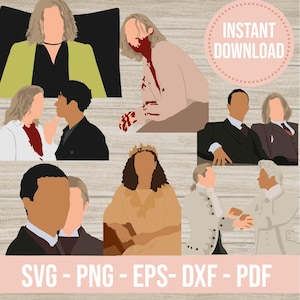 Puede incluir: Ilustraciones digitales de varias figuras en diferentes poses y atuendos. Las imágenes incluyen una persona con una blazer verde, una persona con sangre y otras figuras con trajes y vestimenta histórica. El texto "INSTANT DOWNLOAD" está en un círculo rosa. La parte inferior de la imagen tiene el texto "SVG - PNG - EPS - DXF - PDF".