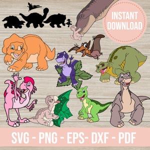 Pode incluir: Ilustra&ccedil;&otilde;es de dinossauros de desenhos animados em v&aacute;rias cores, incluindo laranja, roxo, verde e rosa. A imagem inclui o texto "INSTANT DOWNLOAD" num c&iacute;rculo rosa e "SVG - PNG - EPS - DXF - PDF" na parte inferior.