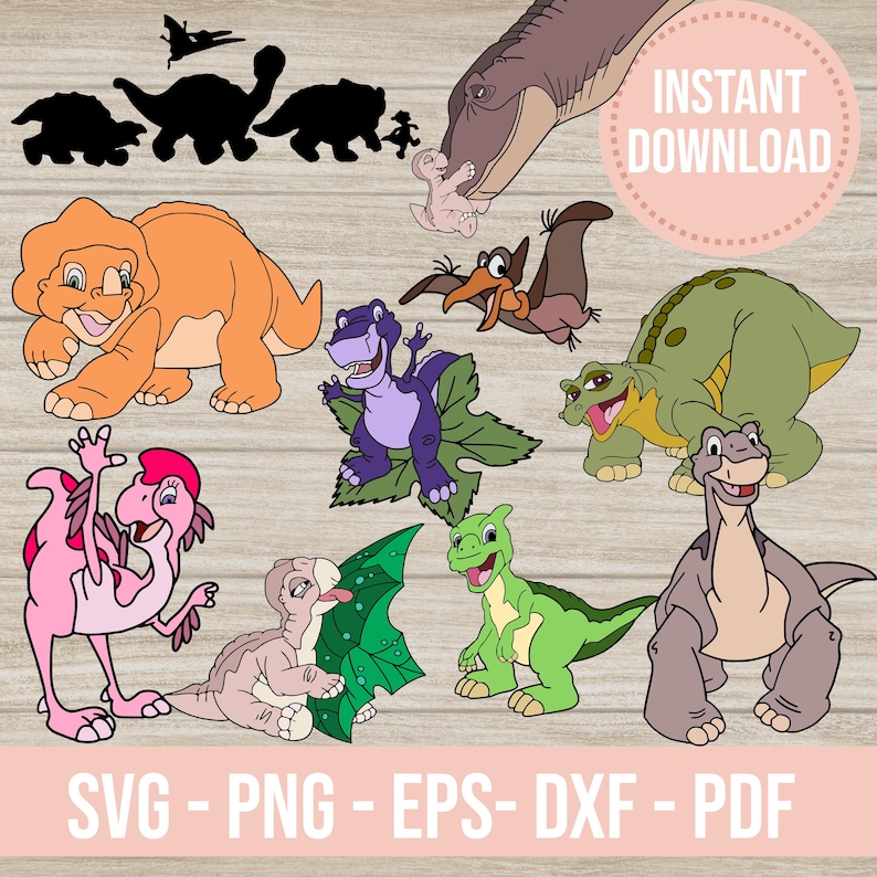 Pode incluir: Ilustra&ccedil;&otilde;es de dinossauros de desenhos animados em v&aacute;rias cores, incluindo laranja, roxo, verde e rosa. A imagem inclui o texto "INSTANT DOWNLOAD" num c&iacute;rculo rosa e "SVG - PNG - EPS - DXF - PDF" na parte inferior.