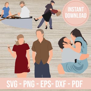 Puede incluir: Un conjunto gráfico digital con ilustraciones minimalistas de parejas en varias poses, incluyendo un dúo en un bote, una pareja bailando y figuras abrazándose. La imagen incluye el texto INSTANT DOWNLOAD y SVG - PNG - EPS - DXF - PDF.