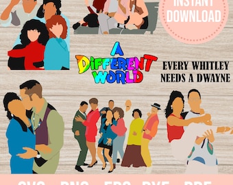 May include: A digital graphic collection featuring minimalist illustrations of characters from A Different World, including the text A Different World and Every Whitley Needs A Dwayne, with file formats listed as SVG, PNG, EPS, DXF, and PDF.