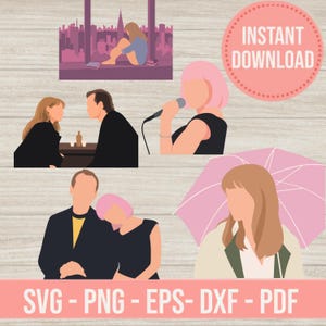 Puede incluir: Conjunto gráfico de descarga digital con ilustraciones estilizadas de personas en varios escenarios. Incluye una persona junto a una ventana, una pareja en una mesa, una cantante con un micrófono y una pareja abrazándose. Texto: SVG - PNG - EPS - DXF - PDF.