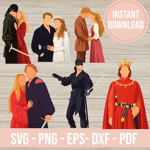 Puede incluir: Ilustraciones digitales de personajes con trajes de época, incluyendo una novia y un novio, un espadachín enmascarado y un rey. La imagen incluye el texto "INSTANT DOWNLOAD" y opciones de tipo de archivo: SVG, PNG, EPS, DXF y PDF.
