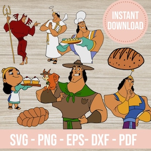 Puede incluir: Descarga digital con personajes de dibujos animados, incluyendo un diablo, un ángel, un chef y otros. La imagen incluye productos horneados y el texto "INSTANT DOWNLOAD" y "SVG - PNG - EPS - DXF - PDF".