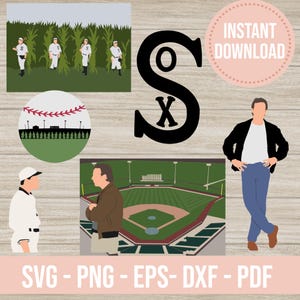 Puede incluir: Gráficos digitales con temática de béisbol. Incluye una pelota de béisbol, un campo de béisbol, un logotipo estilizado de un equipo de béisbol e ilustraciones de jugadores de béisbol. Las palabras "Instant Download" están en un círculo rosa. La parte inferior de la imagen tiene las palabras "SVG - PNG - EPS - DXF - PDF".