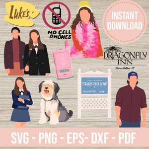May include: A digital download graphic featuring characters and elements from a television show. Includes a diner sign, a pink flip phone, a dog, and the text "Instant Download". The text "Stars Hollow" and "Founded 1779" are also visible.