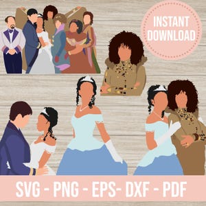 May include: Digital download featuring illustrations of people in formal attire, including couples and groups. The images are in various colors, with a light pink circle that says "INSTANT DOWNLOAD" and the text "SVG - PNG - EPS - DXF - PDF" at the bottom.