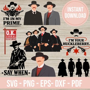 Puede incluir: Un conjunto gráfico digital con ilustraciones de vaqueros y texto. Las imágenes incluyen vaqueros con sombreros, bigotes y pistolas. El texto incluye "I'M IN MY PRIME", "O.K. CORRAL GUNFIGHT SITE", "I'M YOUR HUCKLEBERRY" y "SAY WHEN". La parte inferior de la imagen tiene "SVG - PNG - EPS - DXF - PDF".