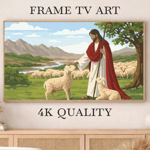 Puede incluir: Una obra de arte enmarcada para una pantalla de TV, que representa una escena pastoral con una figura con túnicas rojas y blancas, cuidando ovejas. La obra de arte está ambientada sobre un fondo de colinas, un río y un cielo azul. Se muestra el texto "FRAME TV ART" y "4K QUALITY".