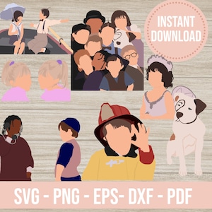 Puede incluir: Una ilustración digital con varios personajes de dibujos animados, incluyendo un grupo de niños, un perro y una persona con uniforme de bombero. La imagen incluye el texto "DESCARGA INSTANTÁNEA" y opciones de tipo de archivo: SVG, PNG, EPS, DXF y PDF.