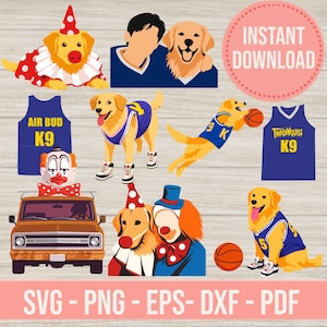 Puede incluir: Gráfico digital con perros de dibujos animados en varias poses, incluyendo disfraces de payaso y camisetas de baloncesto. Un perro sostiene una pelota de baloncesto. Incluye el texto "INSTANT DOWNLOAD" y opciones de tipo de archivo.