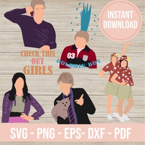 Puede incluir: Gráfico de descarga digital con ilustraciones de dibujos animados de personajes en varias poses. El texto incluye "CHECK THIS OUT GIRLS", "DOLPHIN BOY" e "INSTANT DOWNLOAD". Formatos de archivo: SVG, PNG, EPS, DXF y PDF.