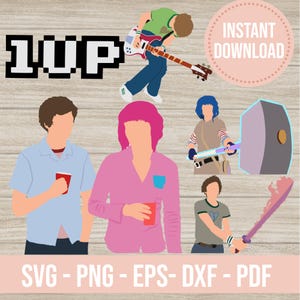May include: A digital illustration featuring characters from a movie, with a pixelated "1UP" graphic. The image includes figures with guitars, weapons, and holding cups. Text at the bottom reads "SVG - PNG - EPS - DXF - PDF" and a pink circle with "INSTANT DOWNLOAD".