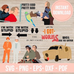 Puede incluir: Descarga digital con ilustraciones y texto de la película Dumb and Dumber. Incluye imágenes de personajes, citas y la furgoneta Mutt Cutts. El texto incluye "Pretty Bird", "I'm with Stupid" e "I Got Worms".