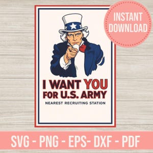 Puede incluir: Un póster de estilo vintage con el Tío Sam señalando. El póster tiene un esquema de color rojo, blanco y azul con el texto "I WANT YOU FOR U.S. ARMY" y "NEAREST RECRUITING STATION". Un círculo rosa con "INSTANT DOWNLOAD" está en la esquina superior derecha.